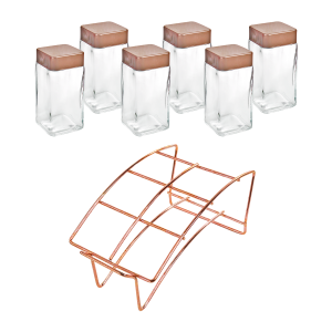 PORTA CONDIMENTO DE VIDRO COM 6 PEÇAS COM SUPORTE ARAMADO - SXJC5118