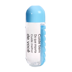 GARRAFA SQUEEZE 600ML COM PORTA COMPRIMIDOS DE PLÁSTICO COM FRASES- GDR0297-AZ