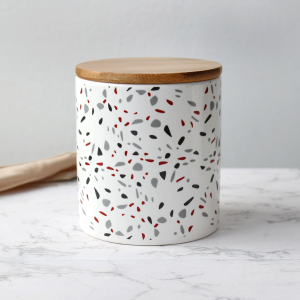 POTE DE PORCELANA COM TAMPA EM BAMBU E VEDAÇÃO DE SILICONE 12CM - HD01778-A