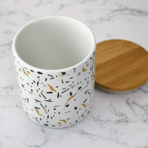 POTE DE PORCELANA COM TAMPA EM BAMBU E VEDAÇÃO DE SILICONE 12CM - HD01778-B