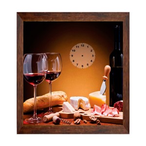 QUADRO RELOGIO 30X30CM  MOLDURA MOGNO TACAS DE VINHO E QUEIJO