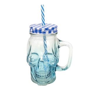 CANECA EM VIDRO CAVEIRA TAMPA ALUMINIO E CANUDO AZUL 450 ML - 99764