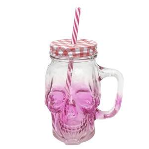 CANECA EM VIDRO CAVEIRA TAMPA ALUMINIO E CANUDO ROSA 450 ML - 99764