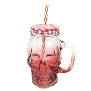 CANECA EM VIDRO CAVEIRA TAMPA ALUMINIO E CANUDO VERMELHO 450 ML - 99764