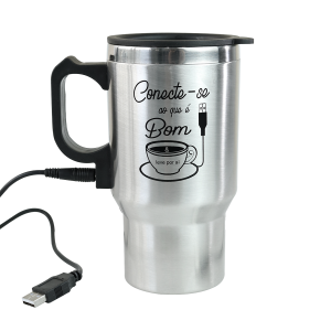CANECA ISOTÉRMICA COM PLUG VEICULAR COM FRASES EM INOX 400ML - GDR0294-E