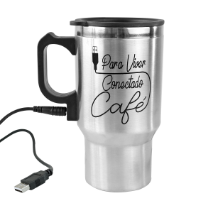 CANECA ISOTÉRMICA COM PLUG VEICULAR COM FRASES EM INOX 400ML - GDR0294-F