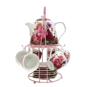 JOGO CAFE ROSAS COM 6 XICARAS 90ML 6 PIRES 1 BULE 700ML E SUPORTE DE METAL