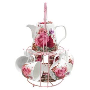 JOGO CHA ROSAS COM 6 XICARAS 220ML 6 PIRES 1 BULE 1100ML E SUPORTE DE METAL
