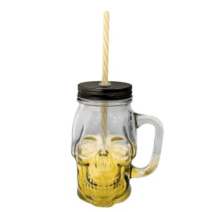 CANECA POTE CAVEIRA  DE VIDRO AMARELO 500ML TAMPA PRETA