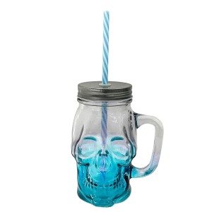 CANECA POTE CAVEIRA  DE VIDRO AZUL 500ML TAMPA PRATA