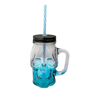 CANECA POTE CAVEIRA  DE VIDRO AZUL 500ML TAMPA PRETA