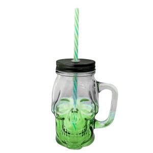 CANECA POTE CAVEIRA  DE VIDRO VERDE 500ML TAMPA PRETA