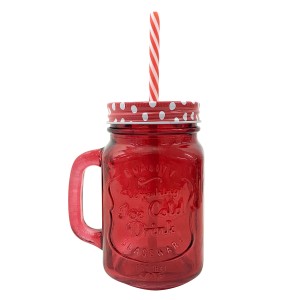 CANECA EM VIDRO COM CANUDO E TAMPA METAL VERMELHA 450 ML - VDA09055