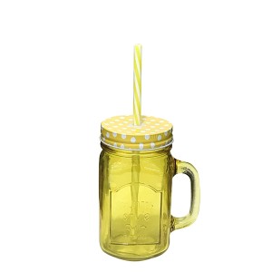 CANECA VIDRO MASON JAR AMARELO 450ML C/CANUDO