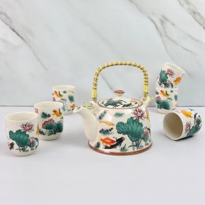 JOGO DE BULE COM INFUSOR DE CERÂMICA ORIENTAL DECORATIVA COM 6 COPOS - CEC02002-A