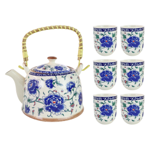 JOGO DE BULE COM INFUSOR DE CERÂMICA ORIENTAL DECORATIVA COM 6 COPOS - CEC02002-B