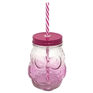 COPO EM VIDRO CORUJA TAMPA ALUMINIO E CANUDO 420 ML ROSA - 99766