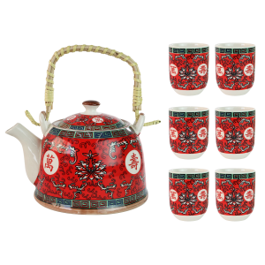 JOGO DE BULE COM INFUSOR DE CERÂMICA ORIENTAL DECORATIVA COM 6 COPOS - CEC02002-F