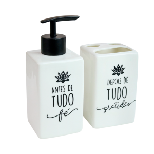 JOGO DE BANHEIRO DE PORCELANA 2 PÇS COM FRASE 380ML - 3522-BR