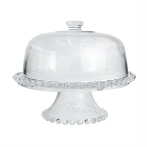 PRATO DE BOLO DE VIDRO COM PEDESTAL E TAMPA PÉROLA - VDA16010