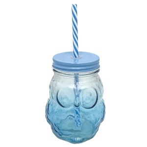 COPO EM VIDRO CORUJA TAMPA ALUMINIO E CANUDO 420 ML AZUL - 99766