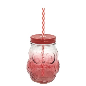 COPO EM VIDRO CORUJA TAMPA ALUMINIO E CANUDO 420 ML VERMELHA - 99766