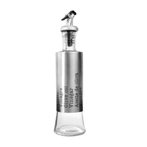 GALHETEIRO AZEITE OU VINAGRE GARRAFA EM VIDRO REVESTIDA EM INOX COM FRASE 300ML - CZ19013