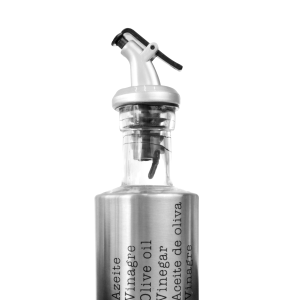 GALHETEIRO AZEITE OU VINAGRE GARRAFA EM VIDRO REVESTIDA EM INOX COM FRASE 140ML - CZ19012