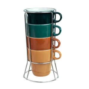 CONJUNTO 4 XICARAS PORCELANA COLORIDAS COM SUPORTE 200ML - 1046