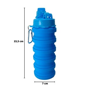 GARRAFA RETRÁTIL DE SILICONE 500 ML COM ALÇA MOSQUETÃO E TAMPA  ROSQUEÁVEL - 2230-AZ