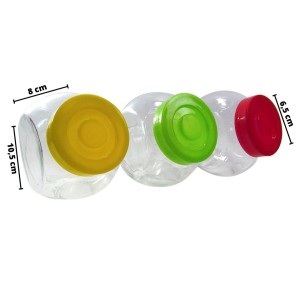 PORTA CONDIMENTO DE VIDRO COM 03 PEÇAS COM TAMPAS COLORIDAS  - HF3