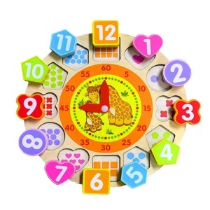 BRINQUEDO DIDÁTICO DE MADEIRA RELÓGIO EM ESTAMPA DE GIRAFFAS COM 13 PEÇAS - DMT5736-G