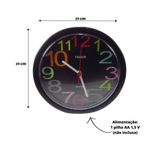 RELOGIO DE PAREDE DE PLÁSTICO 25 CM NÚMEROS COLORIDOS - 414-PT