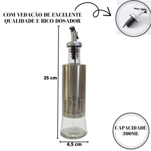 GALHETEIRO AZEITE OU VINAGRE GARRAFA EM VIDRO REVESTIDA EM INOX COM FRASE 300ML - CZ19013