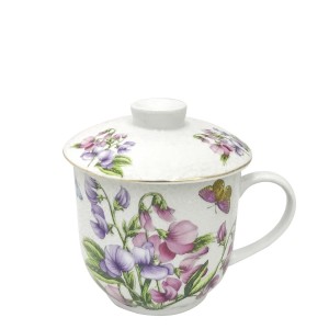 CANECA PORCELANA COM TAMPA E DIFUSOR 300 ML  FLORES LL/ RS - GDCH1107