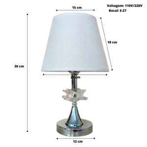 ABAJUR COM BASE CROMADA EM PLÁSTICO E CUPULA EM LINHO 15X36CM BIVOLT - AL55013-BR