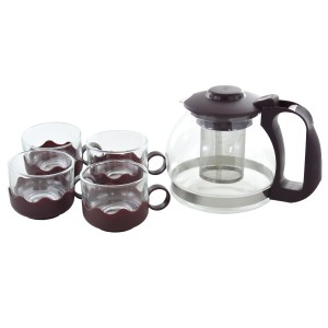 CHALEIRA DE VIDRO COM INFUSOR 1200ML + 04 XICARAS 150 ML MARROM-VDA1506-MR