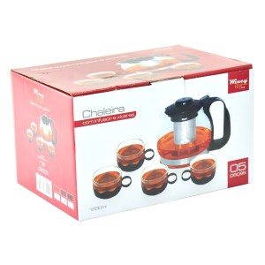 CHALEIRA DE VIDRO COM INFUSOR 1200ML + 04 XICARAS 150 ML MARROM-VDA1506-MR
