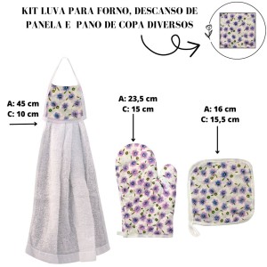 KIT LUVA PARA FORNO, DESCANSO DE PANELA  E PANO DE COPA 03 PEÇAS SORTIDAS- CA04067-F