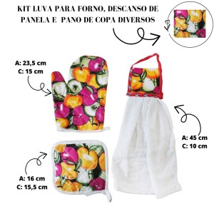 KIT LUVA PARA FORNO, DESCANSO DE PANELA  E PANO DE COPA 03 PEÇAS SORTIDAS- CA04067-I