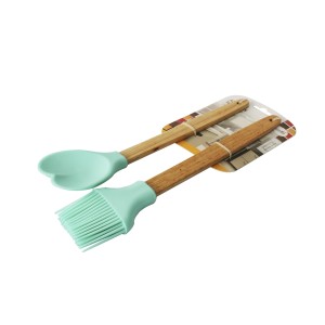 KIT 02 PEÇAS PINCEL E COLHER CORAÇÃO DE SILICONE COM CABO DE BAMBU - CA09598-TI