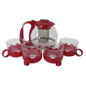 CHALEIRA DE VIDRO COM INFUSOR 1200ML + 04 XICARAS 150 ML VERMELHA VDA1506-VM