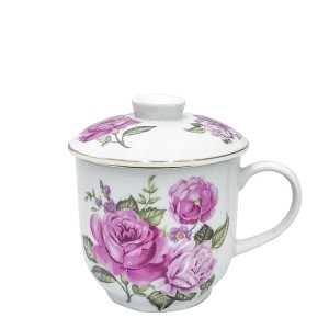 CANECA PORCELANA COM TAMPA E DIFUSOR 300 ML ROSAS - GDCH1107-B