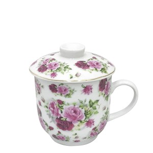 CANECA PORCELANA COM TAMPA E DIFUSOR 300 ML ROSAS - GDCH1111-A