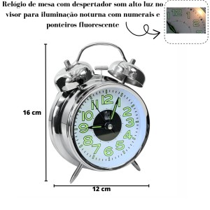 RELÓGIO DESPERTADOR DE MESA EM FERRO COM LUZ NOTURNA 16CM - SD668Y-BR