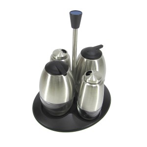 GALHETEIRO LUXO 04 PEÇAS EM VIDRO RESVESTIDOS EM INOX COM SUPORTE PLASTICO