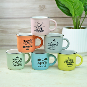 JOGO 6 MINI CANECAS DE PORCELANA FRASES SORTIDAS 80ML - 1047