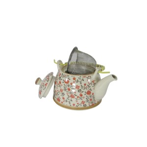 BULE CHALEIRA COM INFUSOR CERÂMICA ESTILO ORIENTAL BANCHA FLORAL SALMÃO 300ML