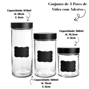 CONJUNTO DE 3 POTES DE VIDRO COM ADESIVO LOUSA E TAMPA - VDA04122