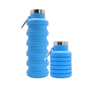 GARRAFA RETRÁTIL DE SILICONE 470 ML COM ALÇA DE METAL E TAMPA INOX - MG2991-AZ